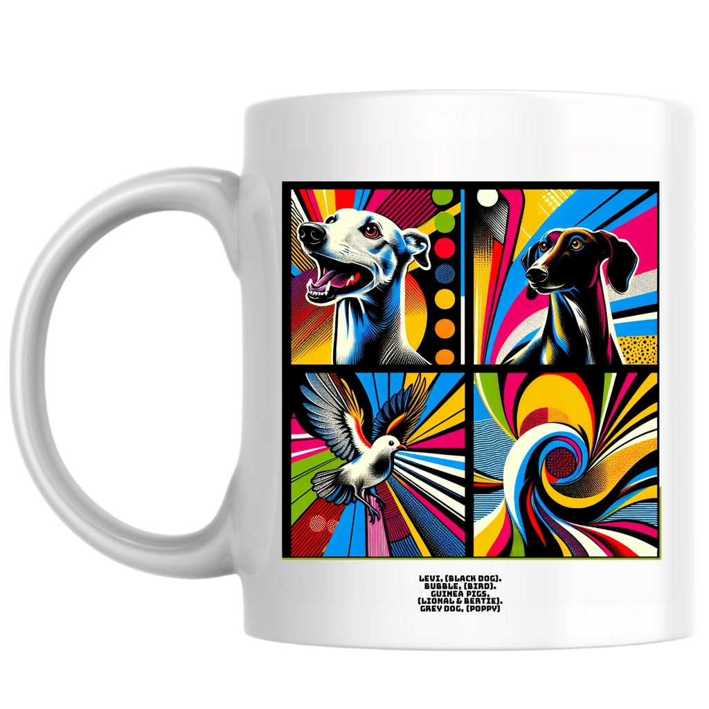 Levi, (black dog).  Bubble, (bird). Guinea pigs, (Lional & Bertie).  Grey dog, (Poppy) the Magnificent: Pop Art Coffee Mug